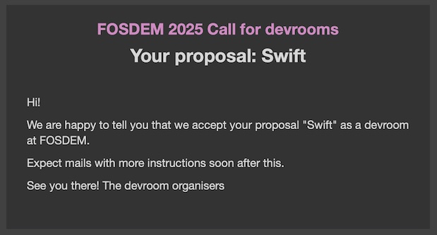 Acceptance email from FOSDEM
